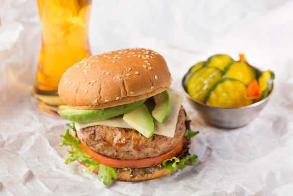 Turkey Burgers with Sliced Avocado and Monterey Jack Cheese